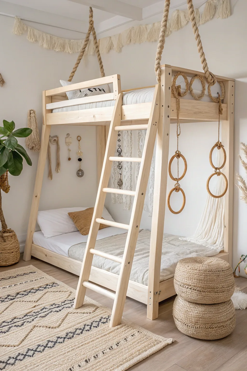 Transform playtime with a touch of adventure—add climbing ropes and rings to your little one's bunk bed for a chic jungle gym experience!