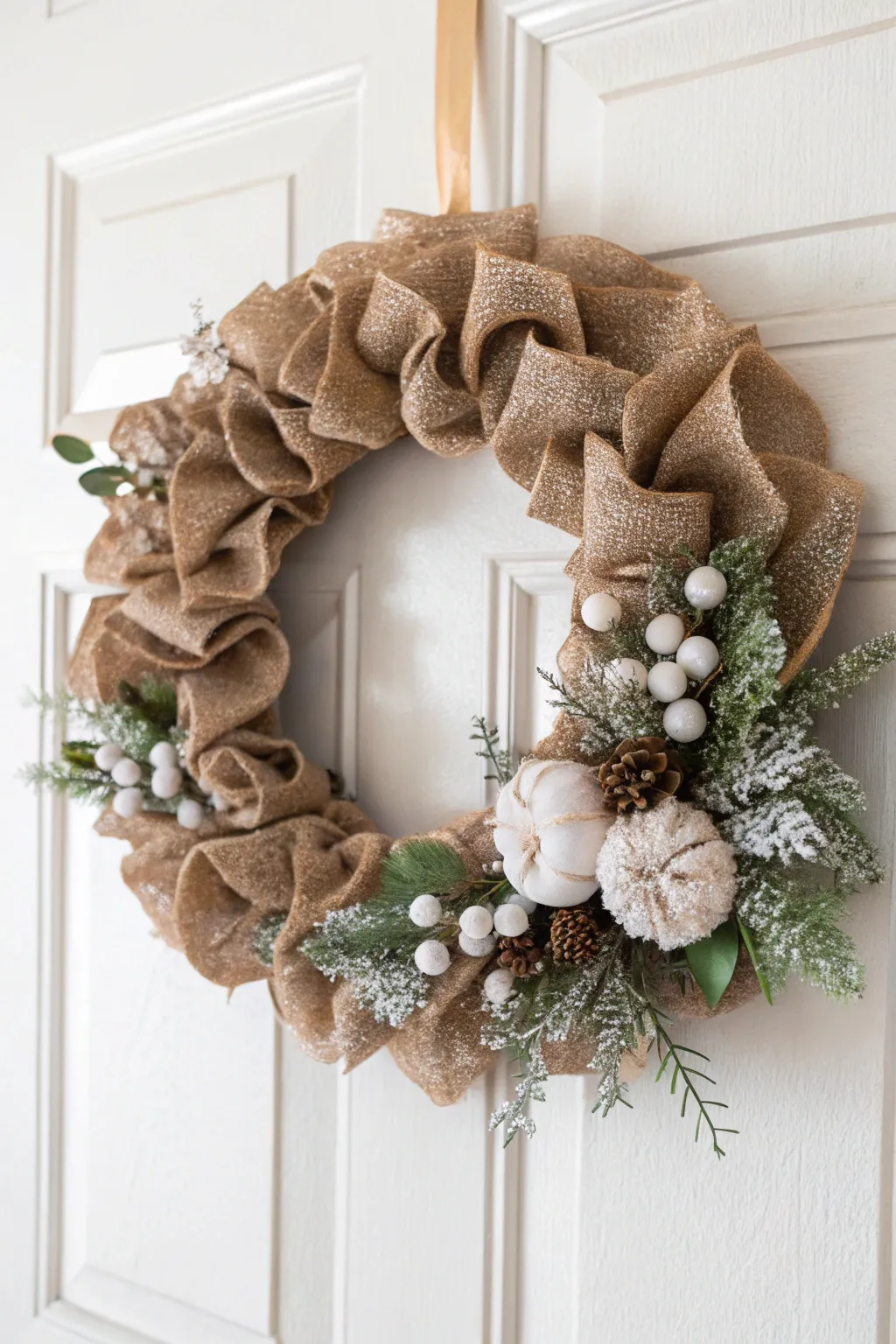 Embrace the magic of a winter wonderland with this frosty burlap wreath, perfect for adding a touch of Scandinavian elegance to your home.