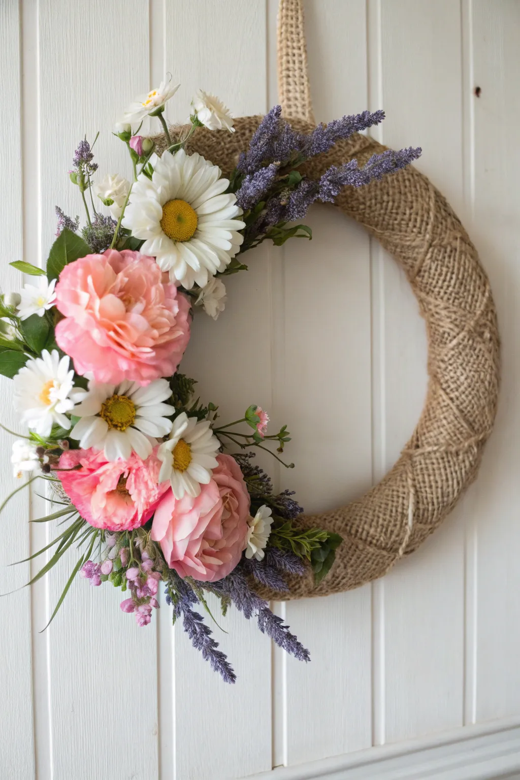 Bring the garden to your doorstep with this stunning floral burlap wreath, a perfect blend of simplicity and vibrant charm.