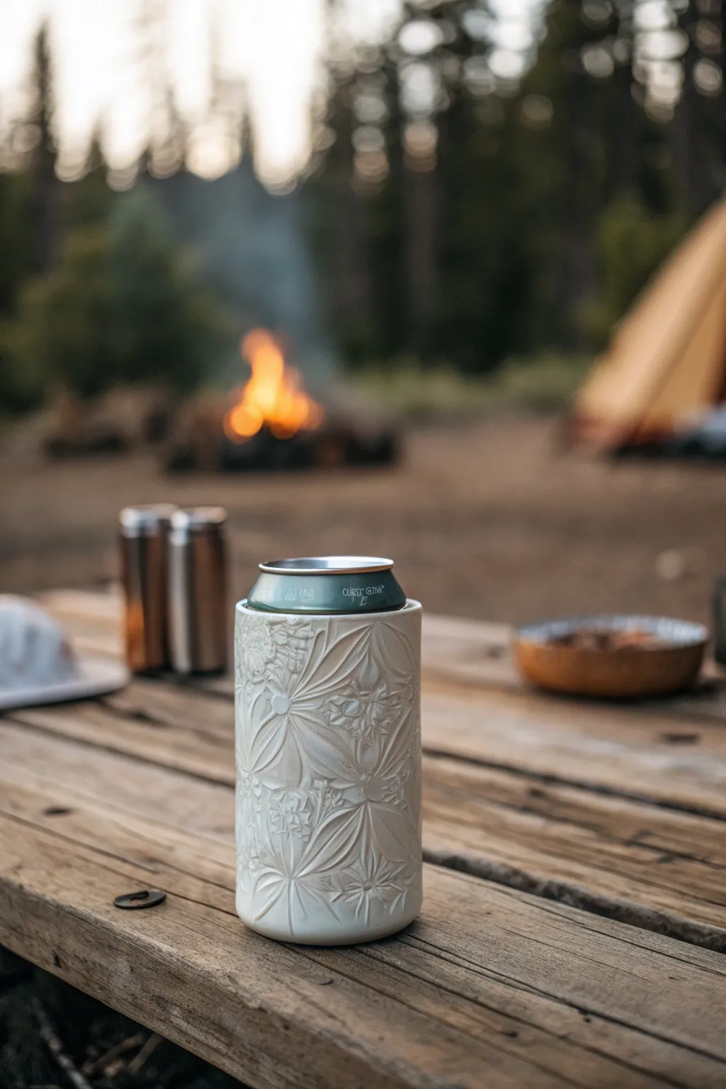 Elevate your camping style with a ceramic-like koozie that brings a touch of sophistication to the great outdoors.