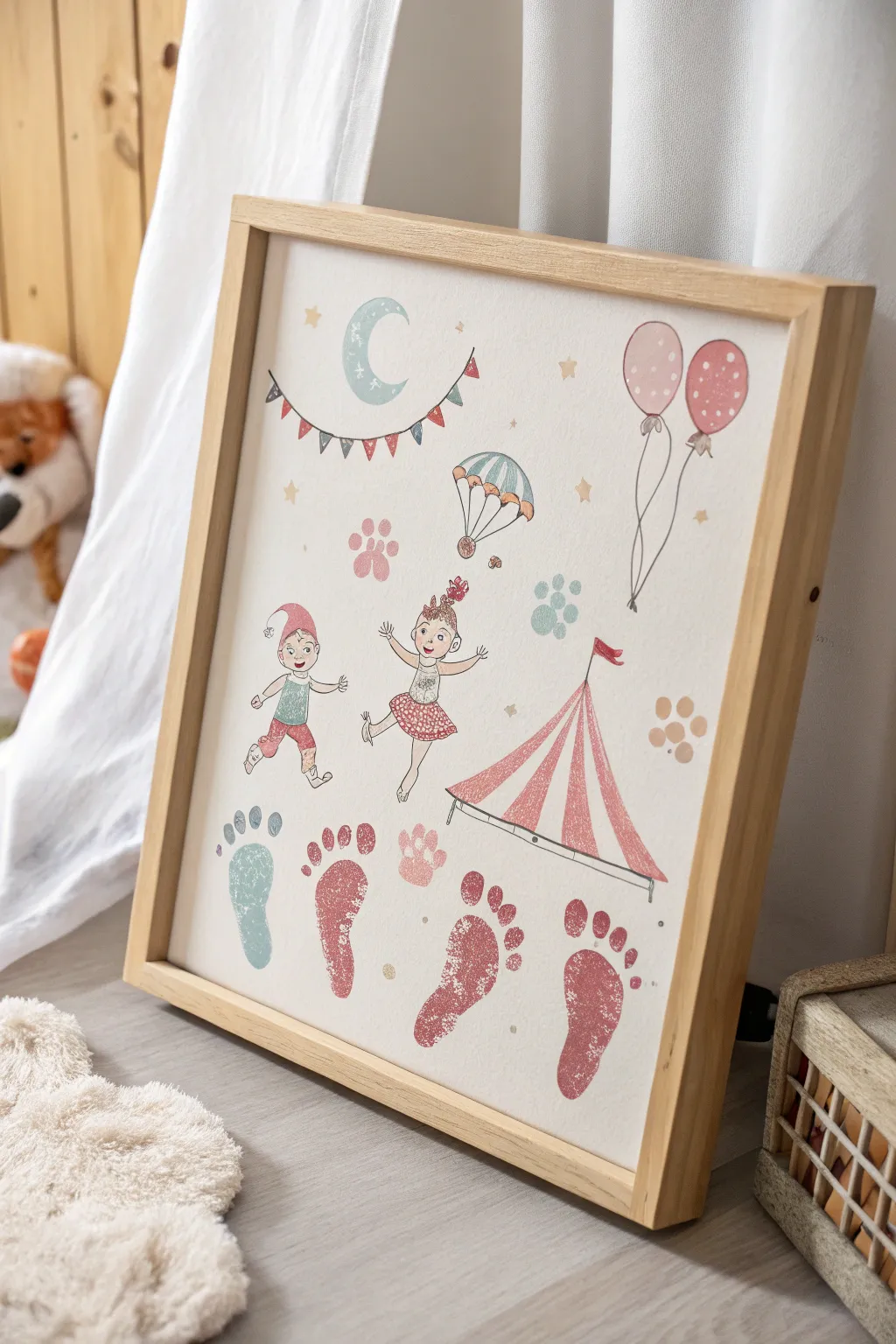 Step into whimsy with our Circus Fun canvas—a charming blend of tiny footprints and playful imagination!