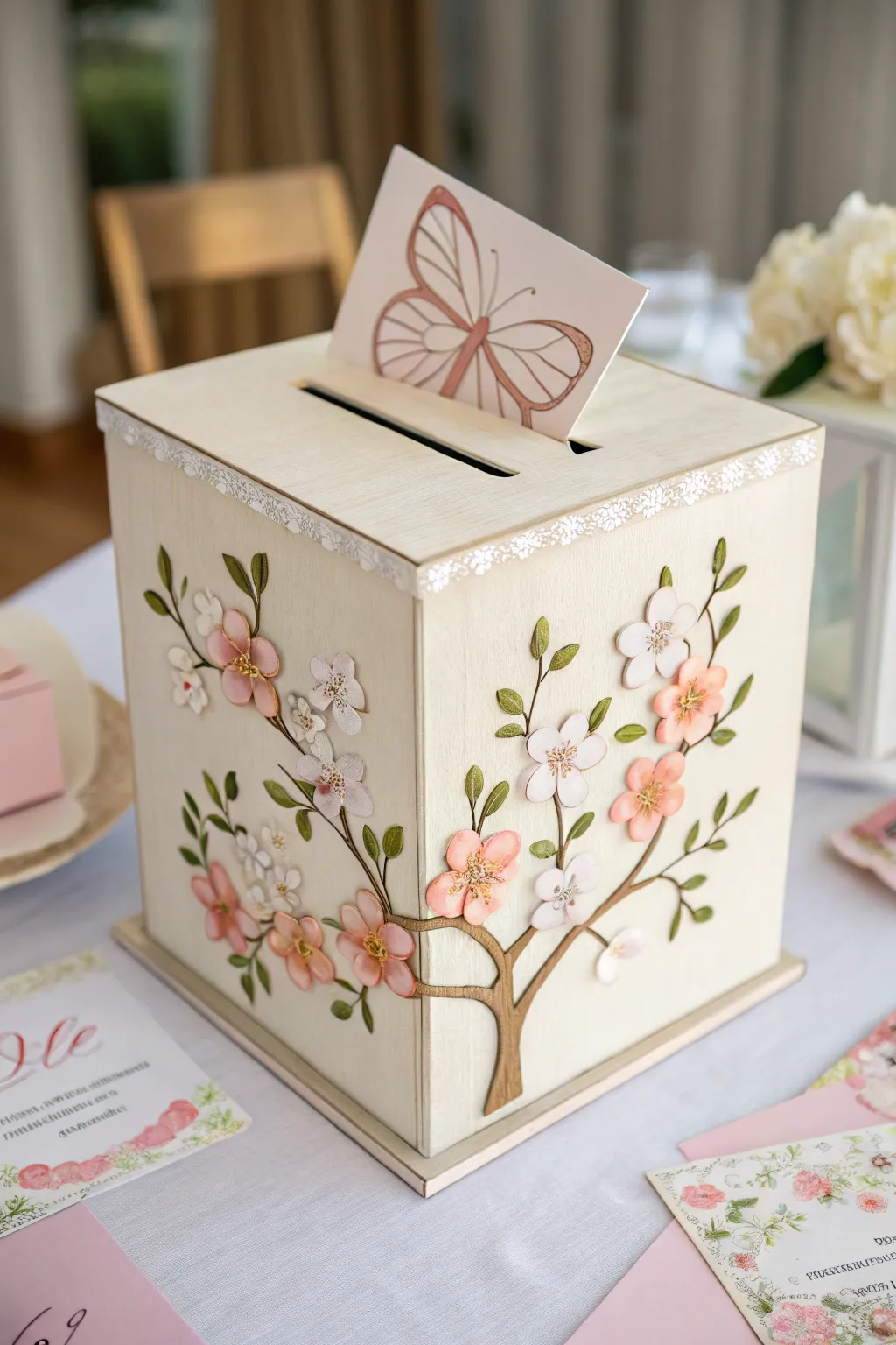 Capture the essence of spring with this elegantly crafted baby shower card box, where simplicity meets nature's beauty.