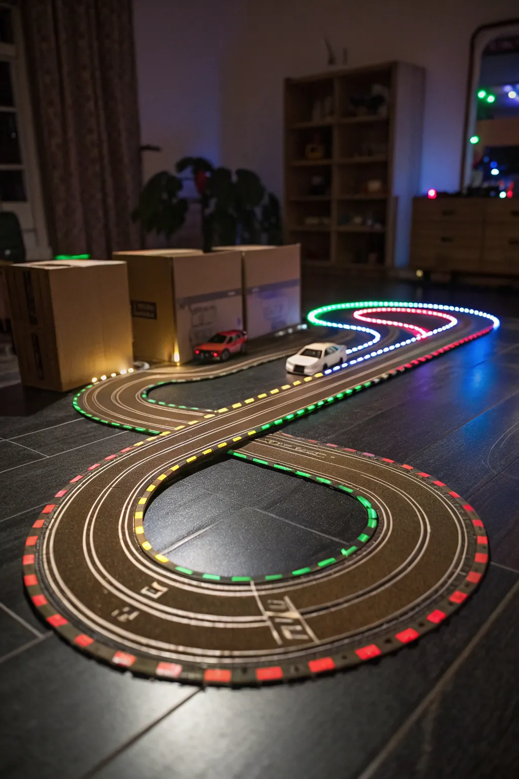 Unleash the thrill of night racing with this glow-in-the-dark cardboard track masterpiece!