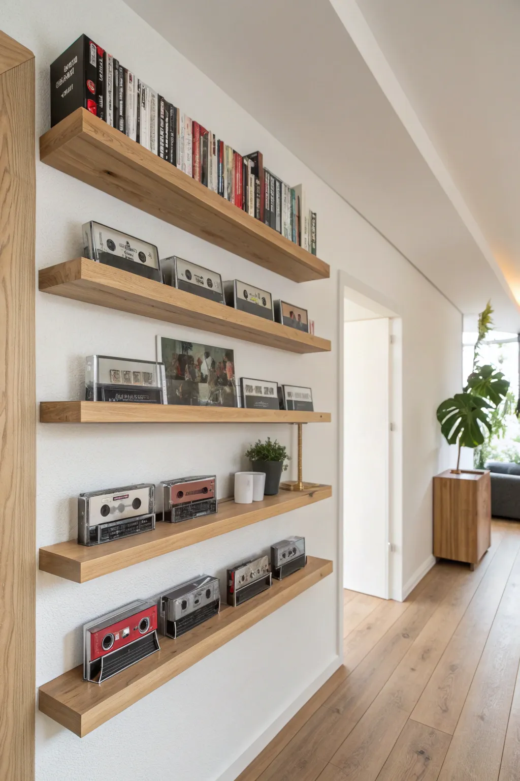 Transform your walls with a stunning cassette tape display on floating shelves. Enhance your space with Scandinavian simplicity and Boho charm!
