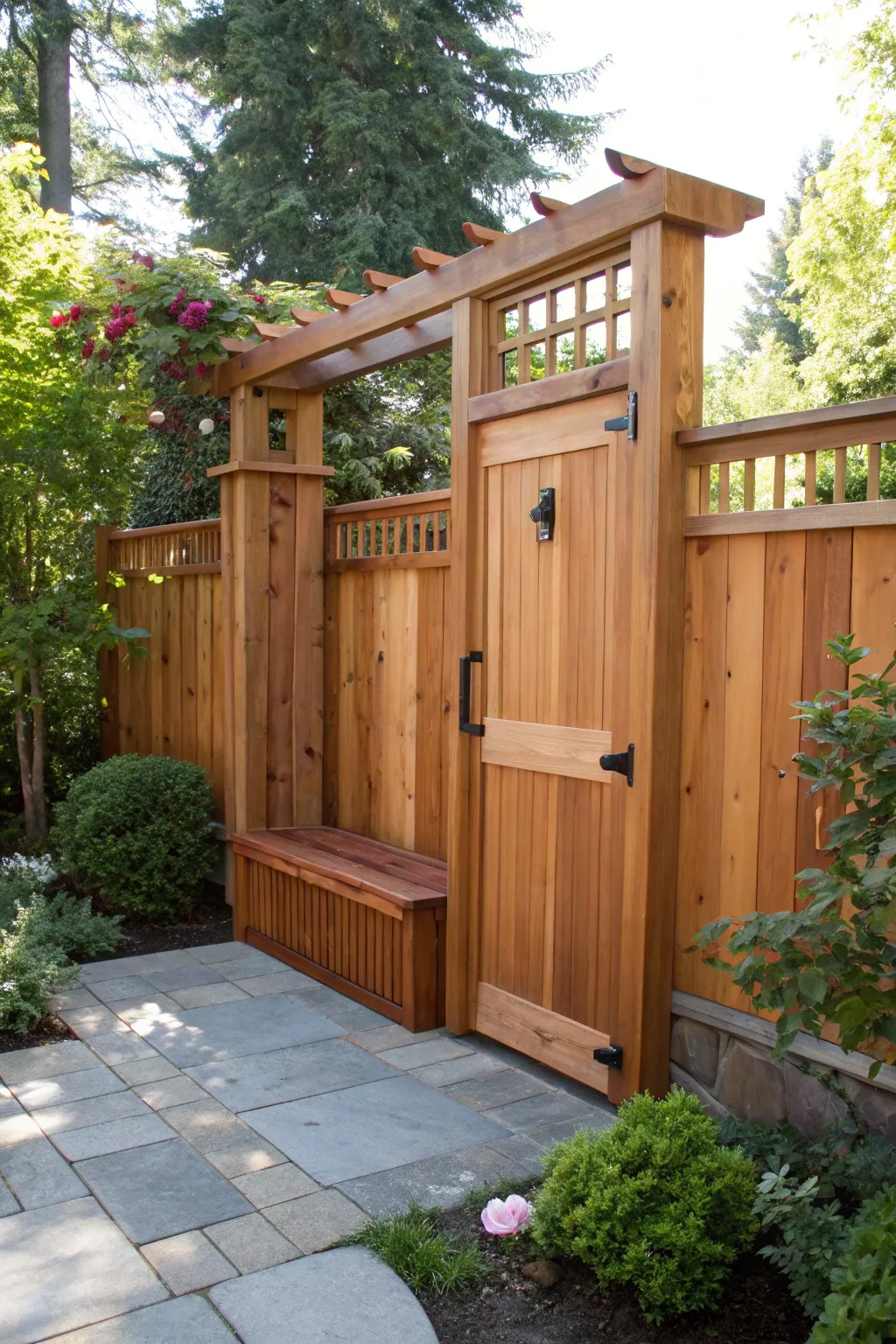 Relax in style with this cedar gate featuring an integrated bench—where functionality meets elegance in your garden.