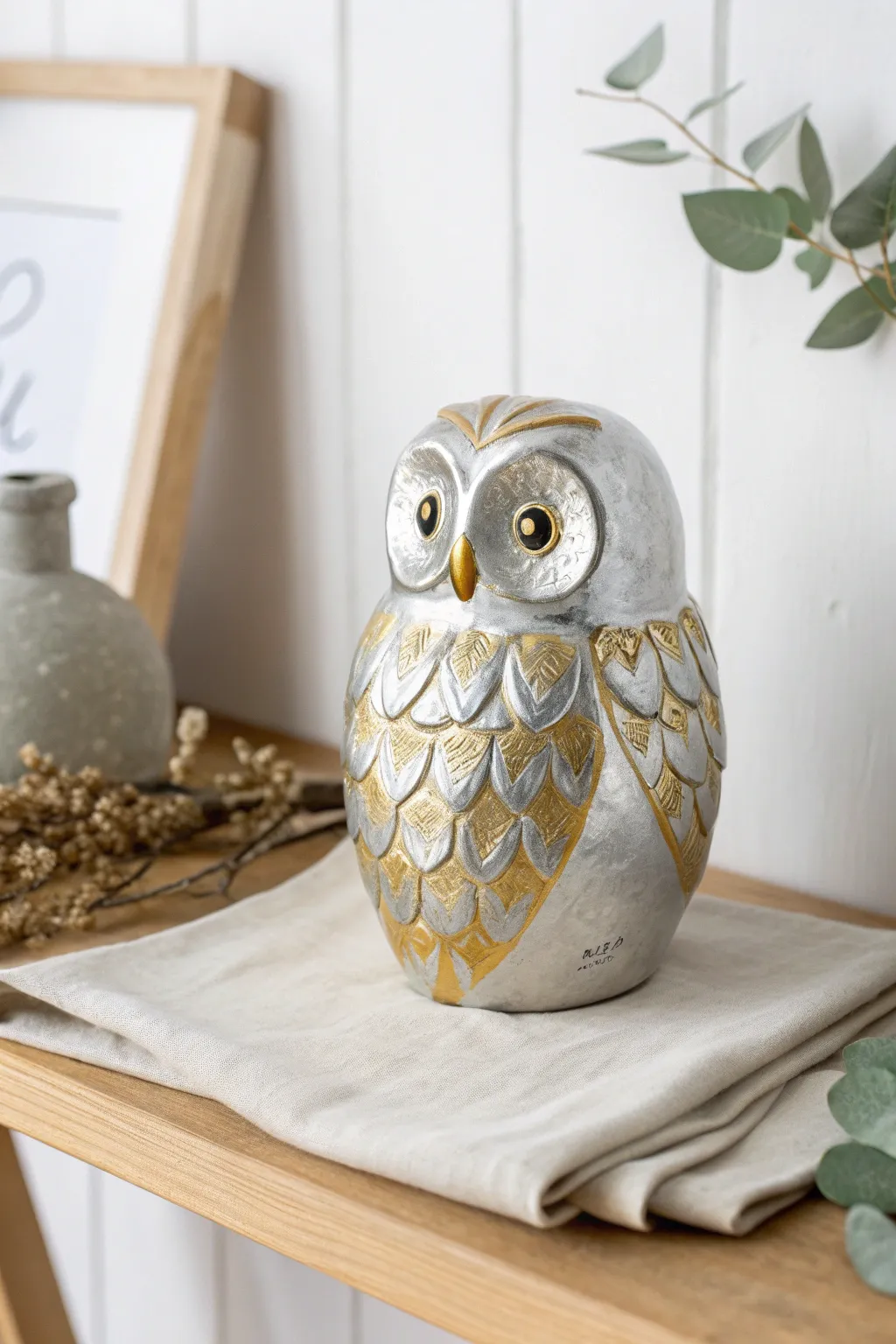 Add a touch of elegance with metallic finishes—this ceramic owl shines with sophistication.