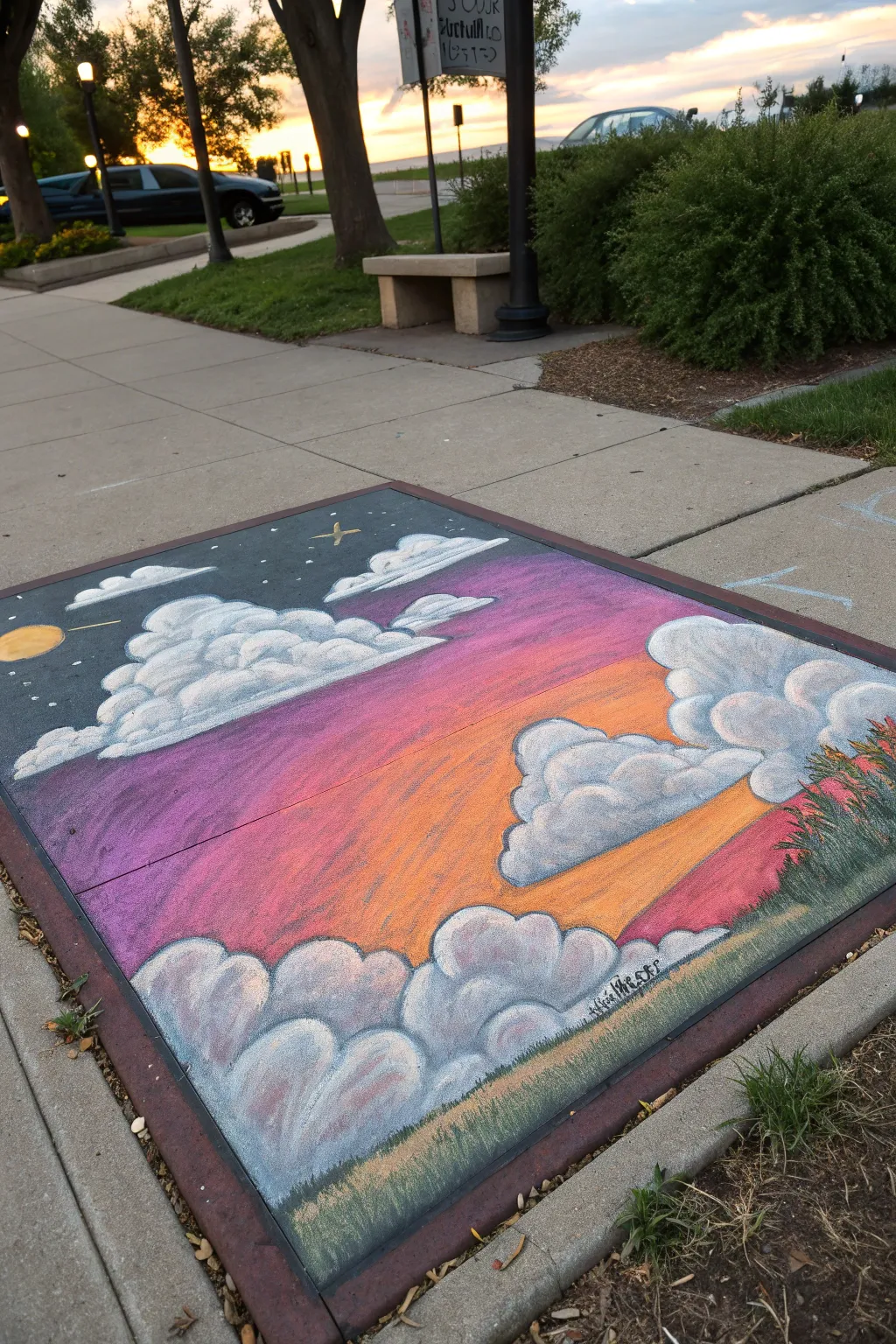 Capture the magic of a sunset with chalk art—where creativity meets the sky.