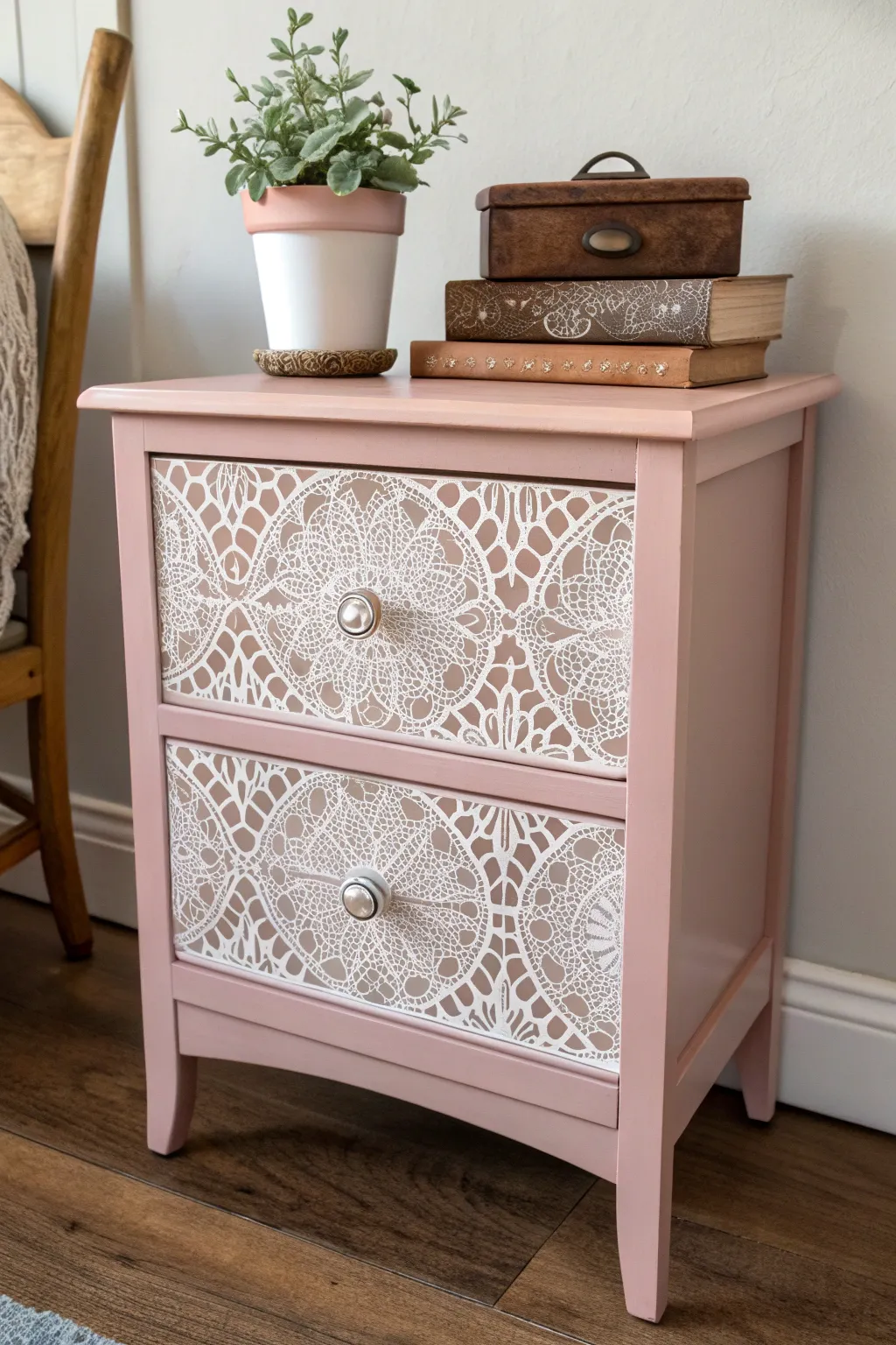 Transform your space with a touch of elegance using intricate lace designs on a chalk-painted nightstand.