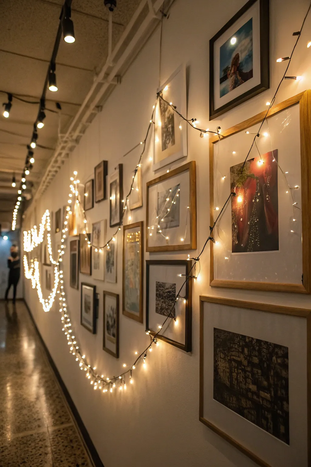 A gallery wall glows with warmth and charm when adorned with lights.