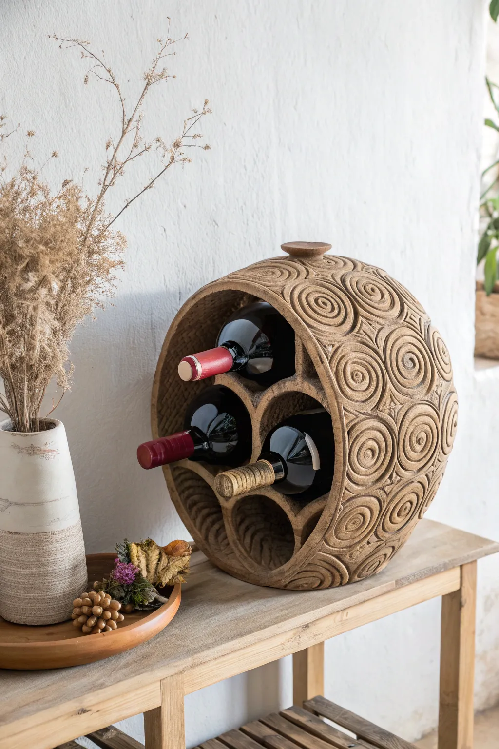 Elevate your wine storage with the rustic elegance of a handcrafted coil pot wine rack.