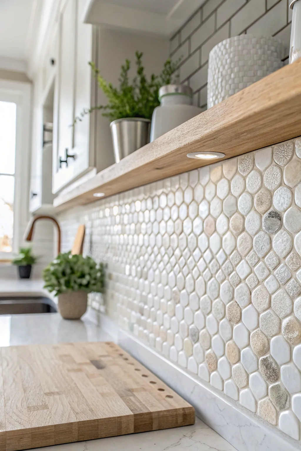 Elevate your kitchen with the timeless elegance of a white mosaic backsplash, where simplicity meets sophistication.