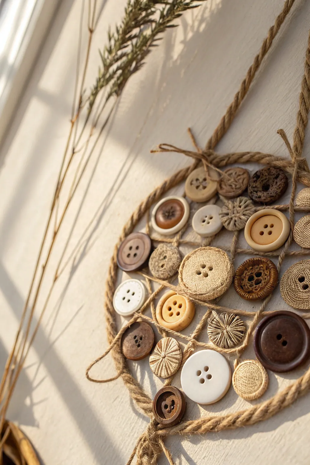 Elevate your space with the subtle elegance of handcrafted button and twine wall art.