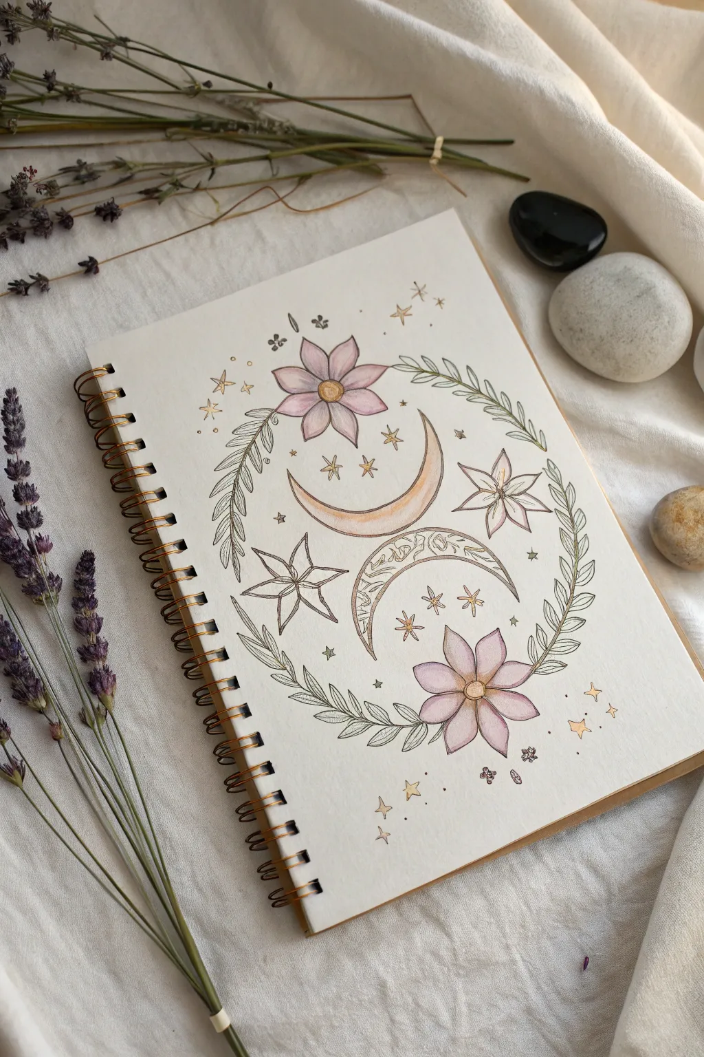 Discover the serene beauty where stars meet blooms in this celestial garden sketch.