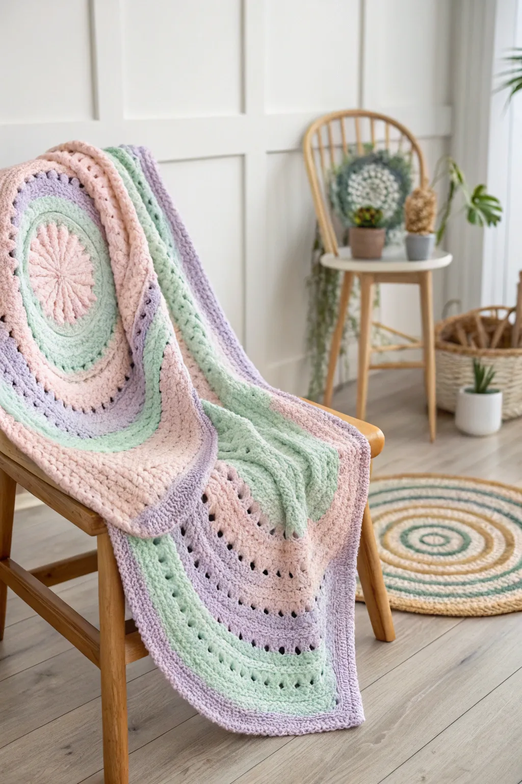 Embrace the joy of creativity with this beautifully whimsical crochet blanket, where colors and patterns dance in perfect harmony.
