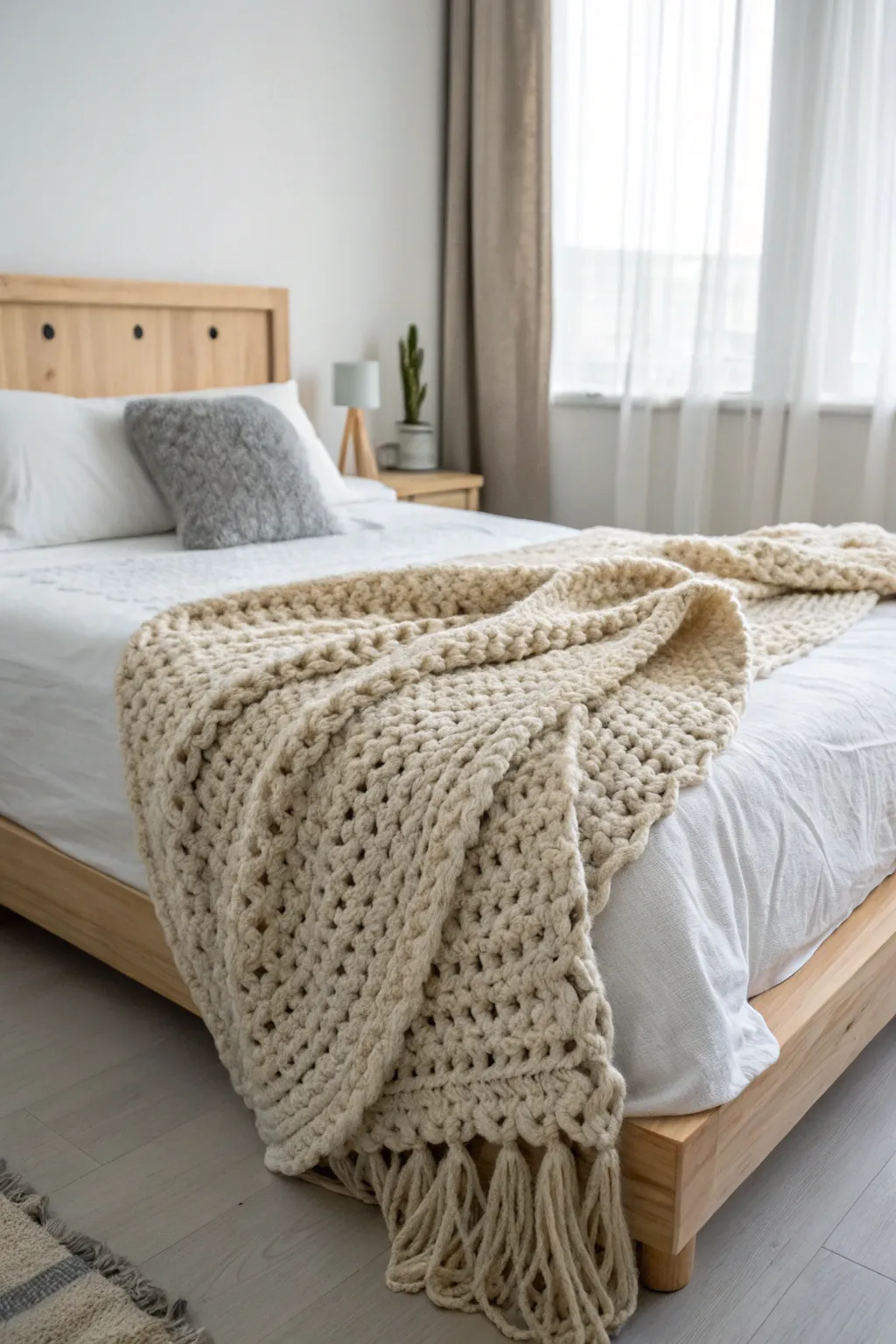 Snuggle up in style with this cozy crochet bed throw, the perfect blend of minimalist elegance and boho charm.