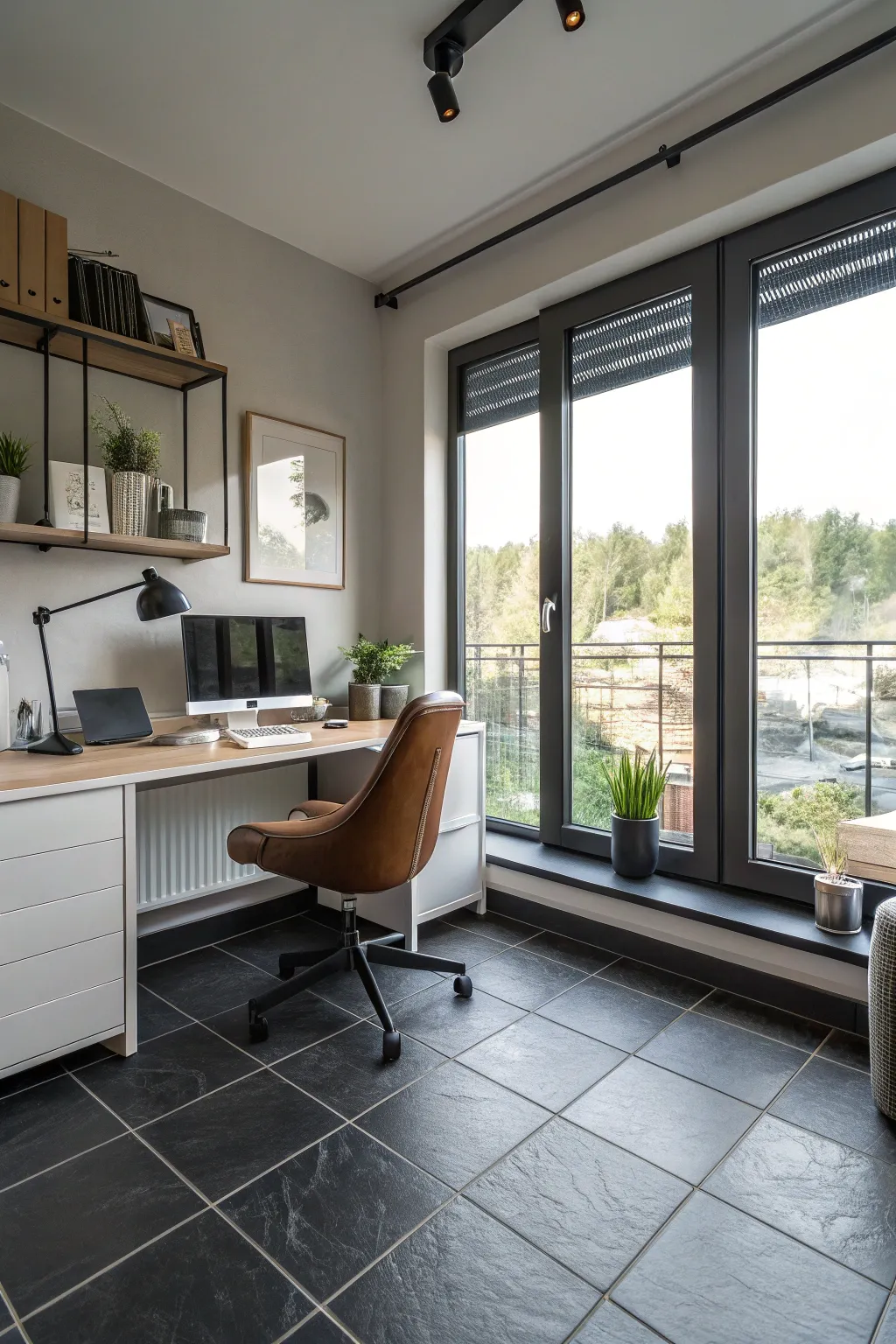 A chic and professional home office with dark tiles.