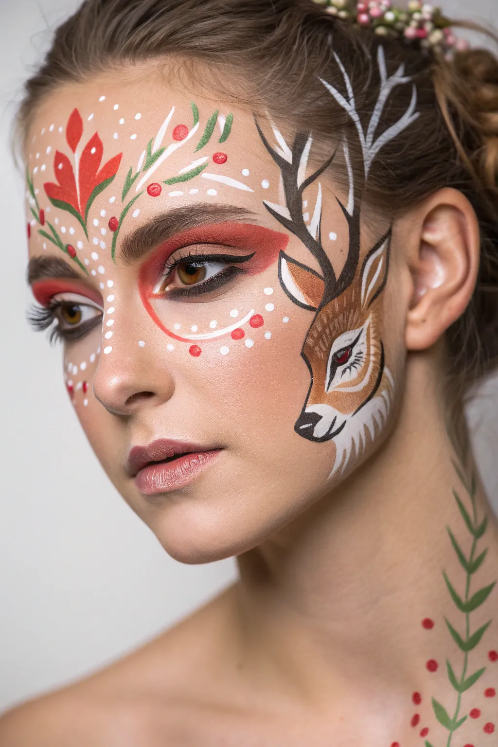 Unleash your freestyle creativity with this captivating deer face paint, where Scandinavian simplicity meets bold bohemian flair.