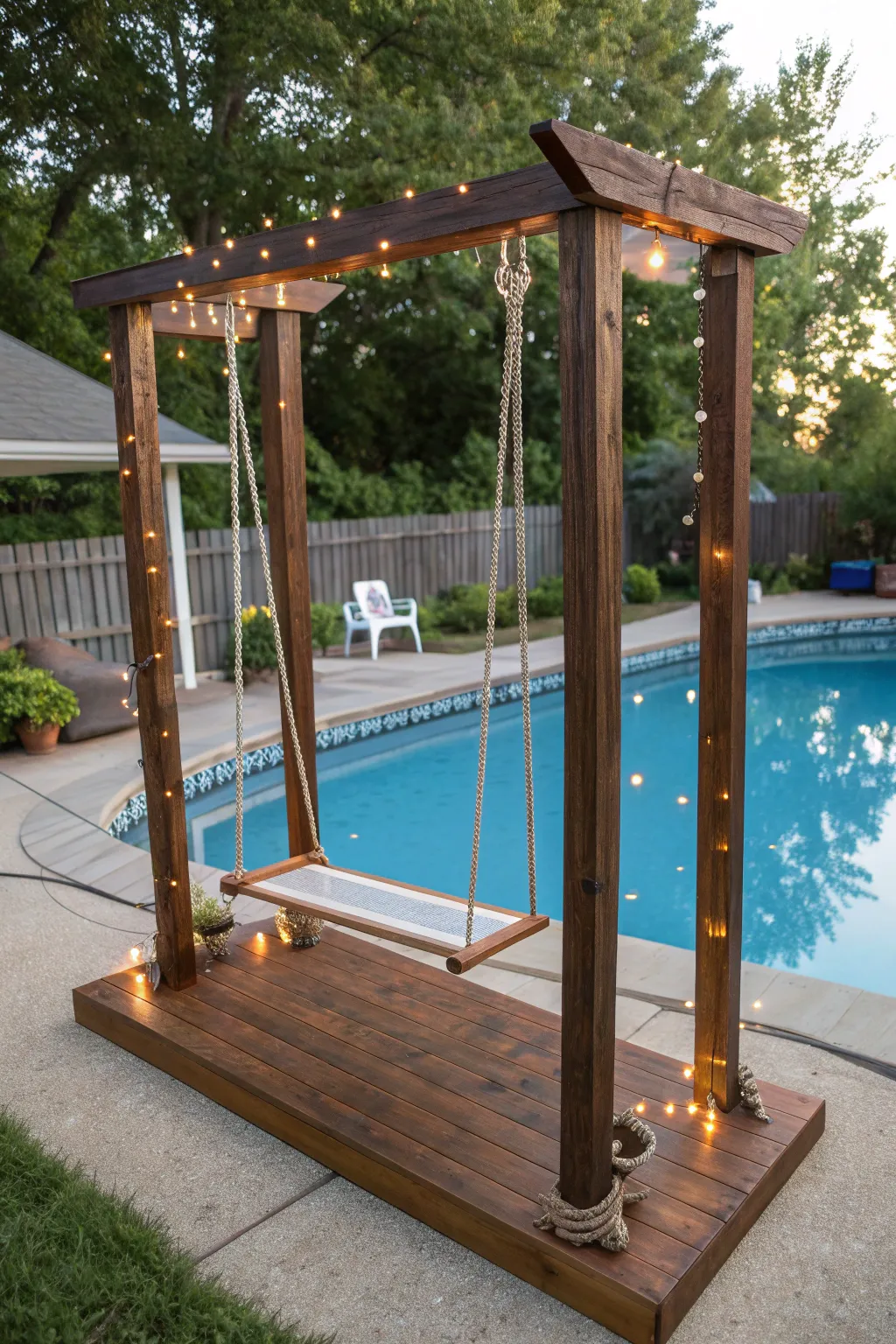 Add a whimsical touch to your pool bar with this rustic swing seat—perfect for lounging in style.