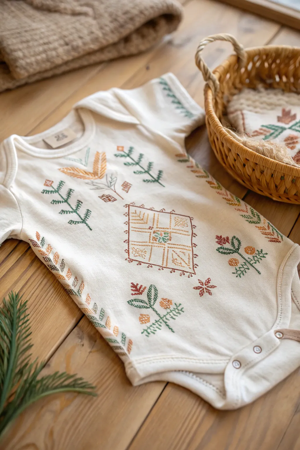 Celebrate heritage with beautifully crafted cultural motifs on a minimalist baby onesie. A perfect blend of tradition and modern style!