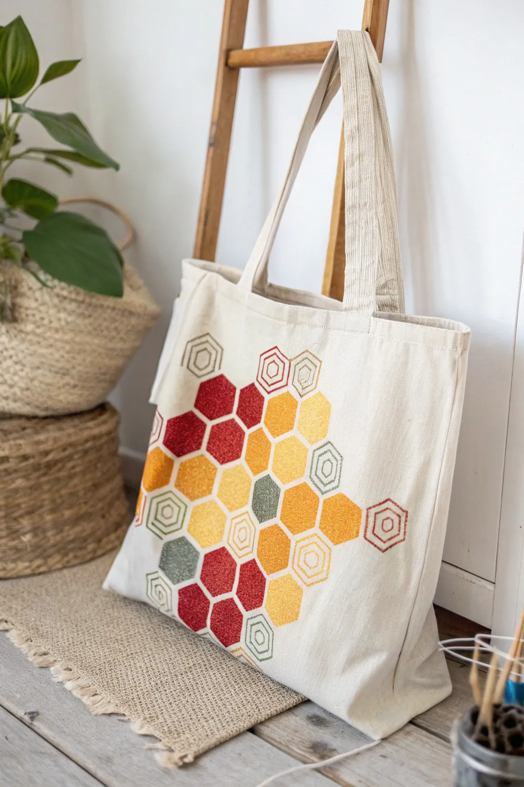 Craft your style with this honeycomb patterned tote – a perfect blend of art and function for market trips!