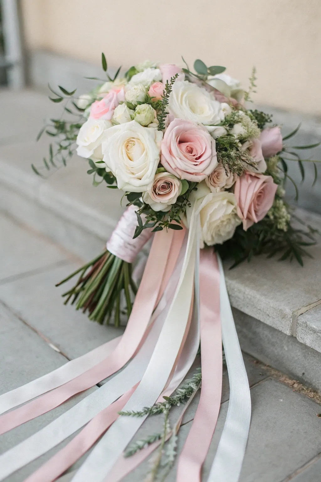 Add a whimsical touch to your bridal bouquet with flowing ribbon streamers for an ethereal walk down the aisle.