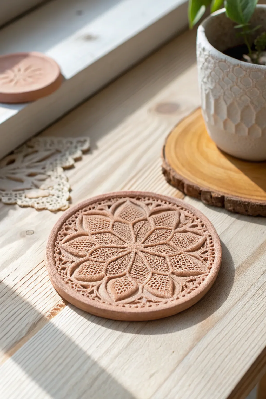 Embrace eco-friendly elegance with handcrafted clay coasters.