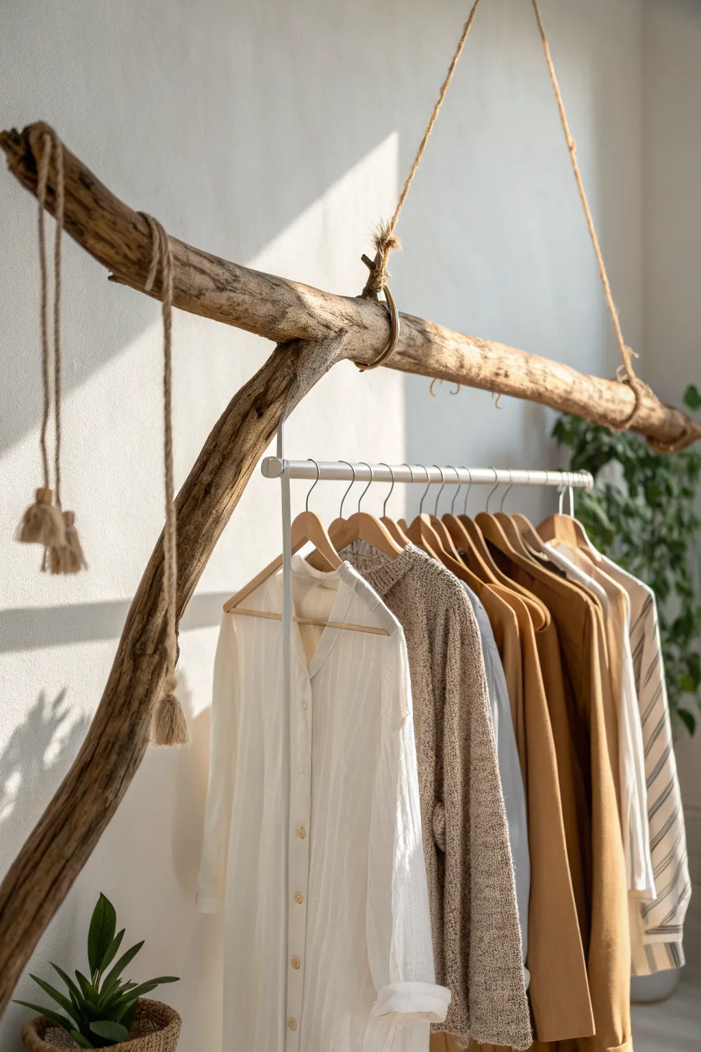 Elevate your yard sale with a touch of nature—create a stunning branch and twine clothes rack for a unique, minimalist display.