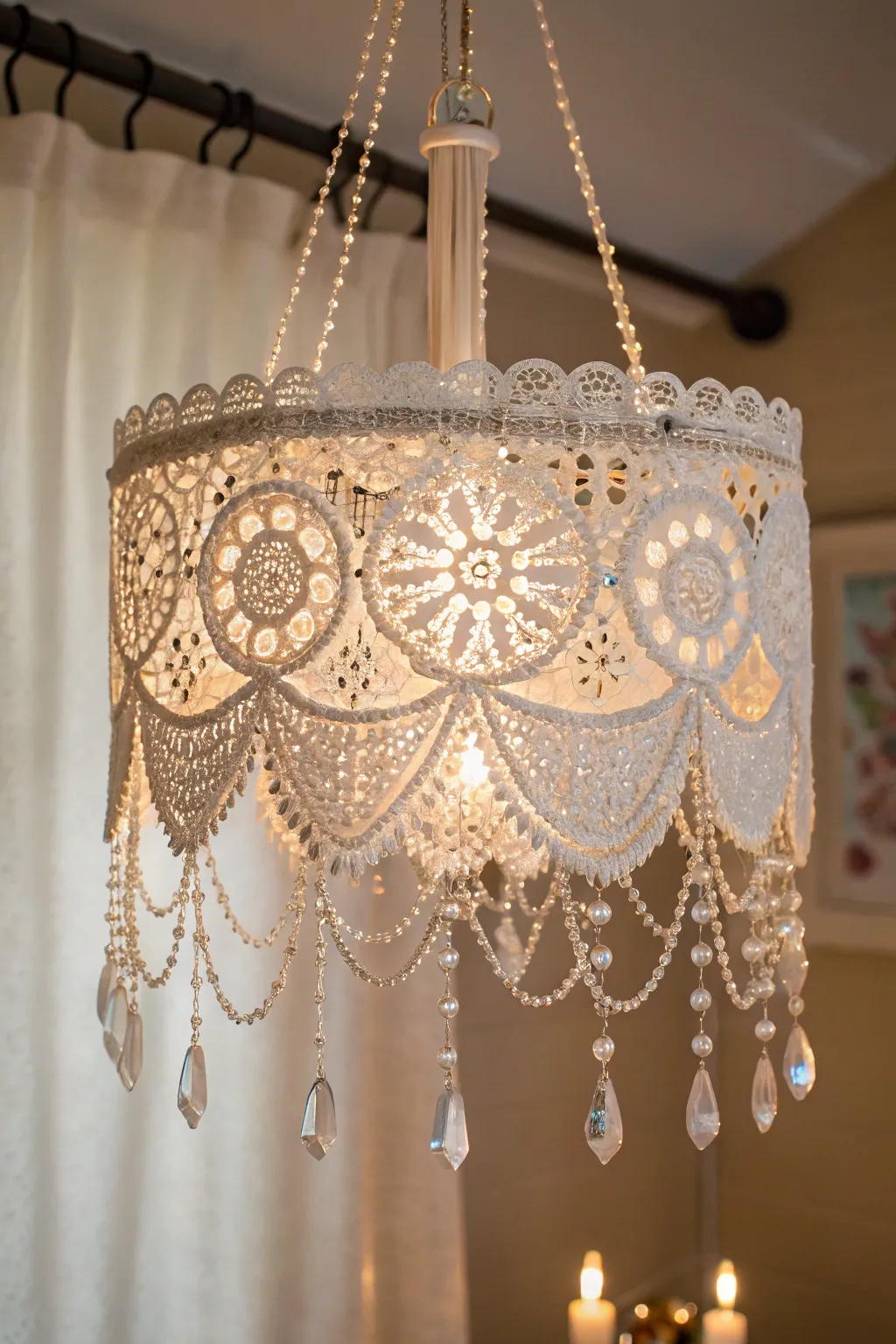 Transform your space with an exquisite lace and crystal chandelier, blending boho charm with minimalist elegance.