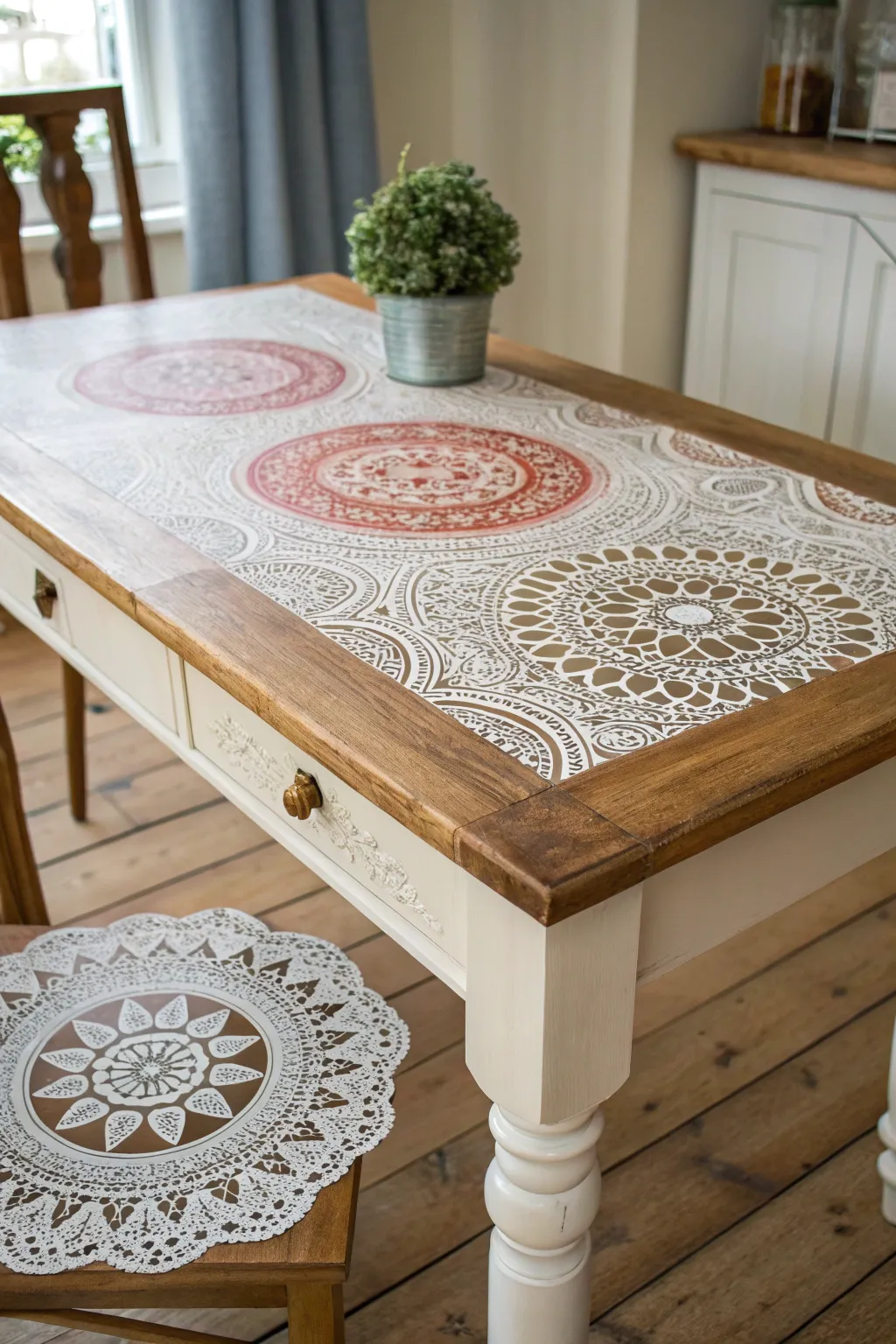 Transform your dining space with vintage elegance: A lace-patterned DIY table makeover that blends minimalism with boho charm.