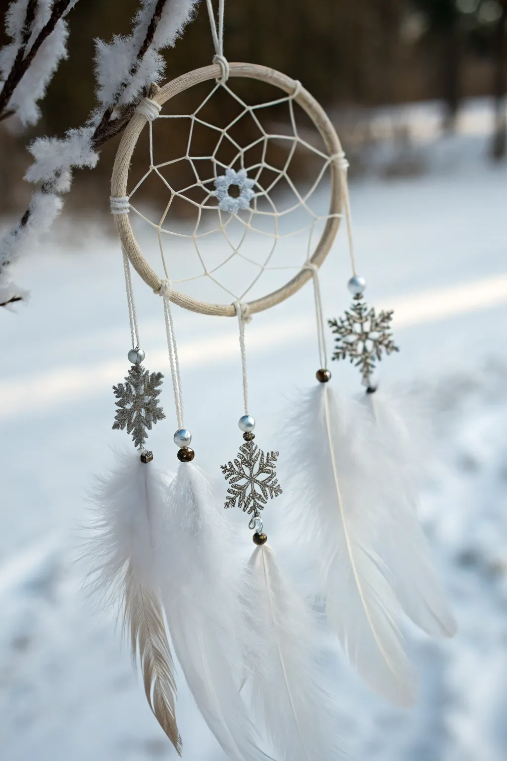 Embrace the elegance of winter with this stunning white and silver dream catcher.