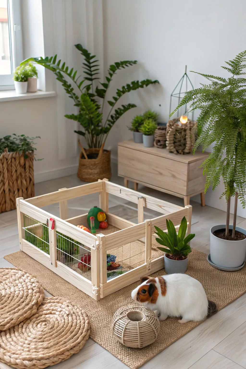 Transform your space into a serene indoor garden playpen for your guinea pigs, blending simplicity with natural beauty.