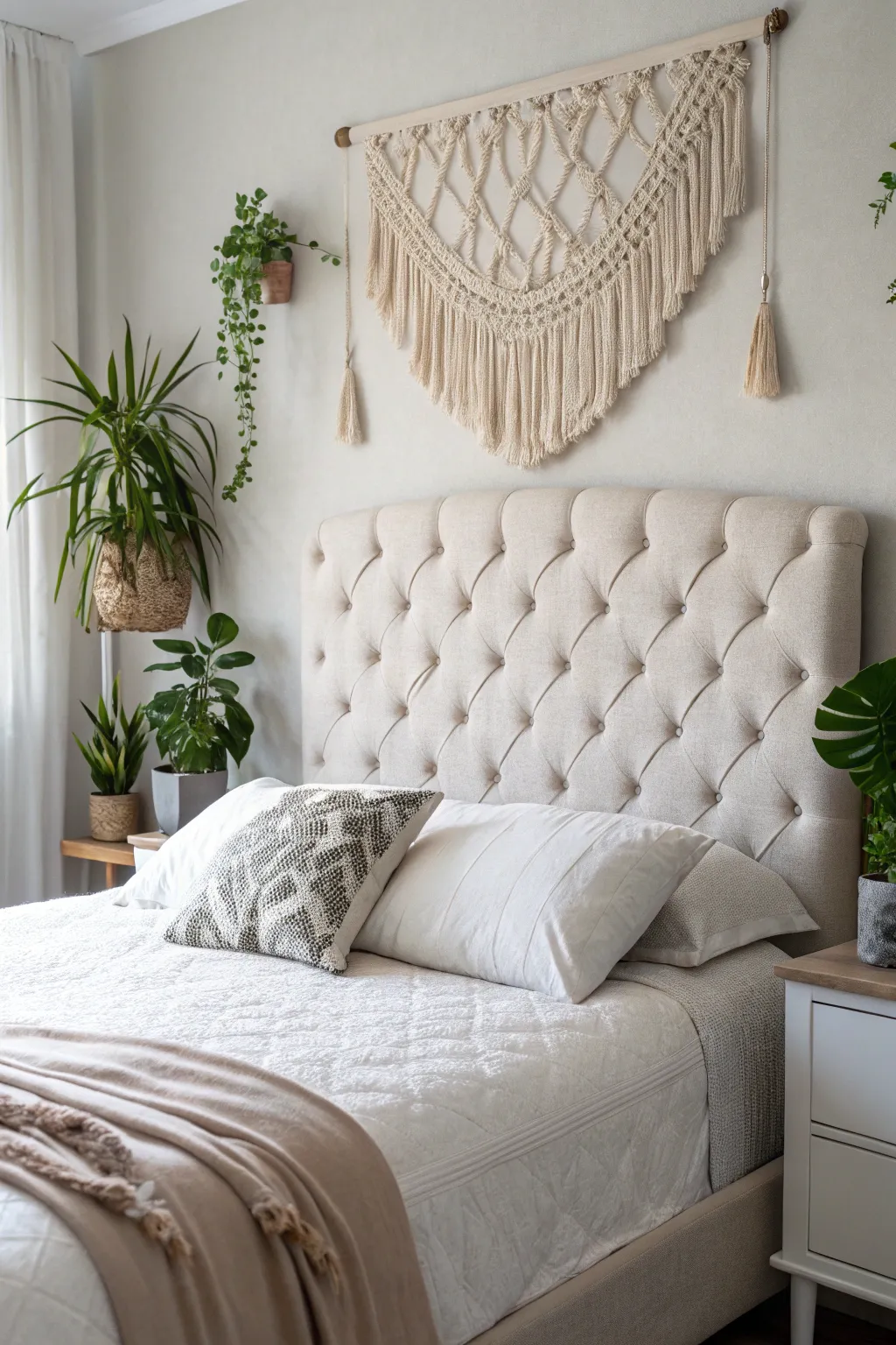 Transform your bedroom into a sanctuary of elegance with a plush tufted headboard that exudes timeless charm.