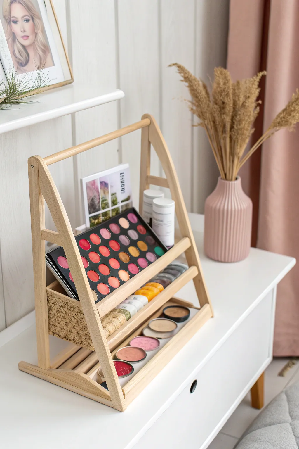 Organize with style: Turn magazine holders into chic makeup palette storage!