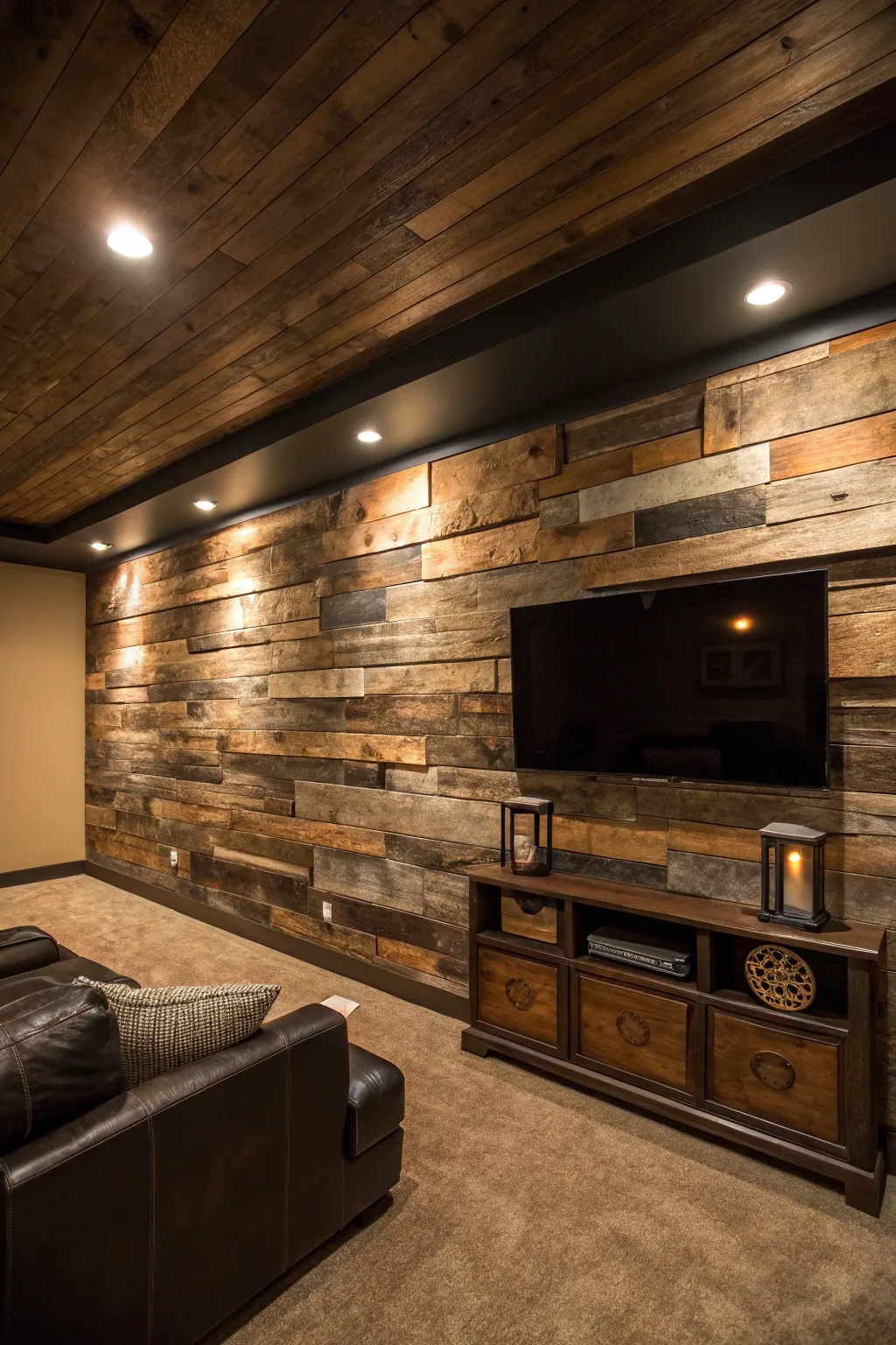 Elevate your man cave with a rustic touch: Reclaimed wood accent wall for a warm, eco-friendly space.