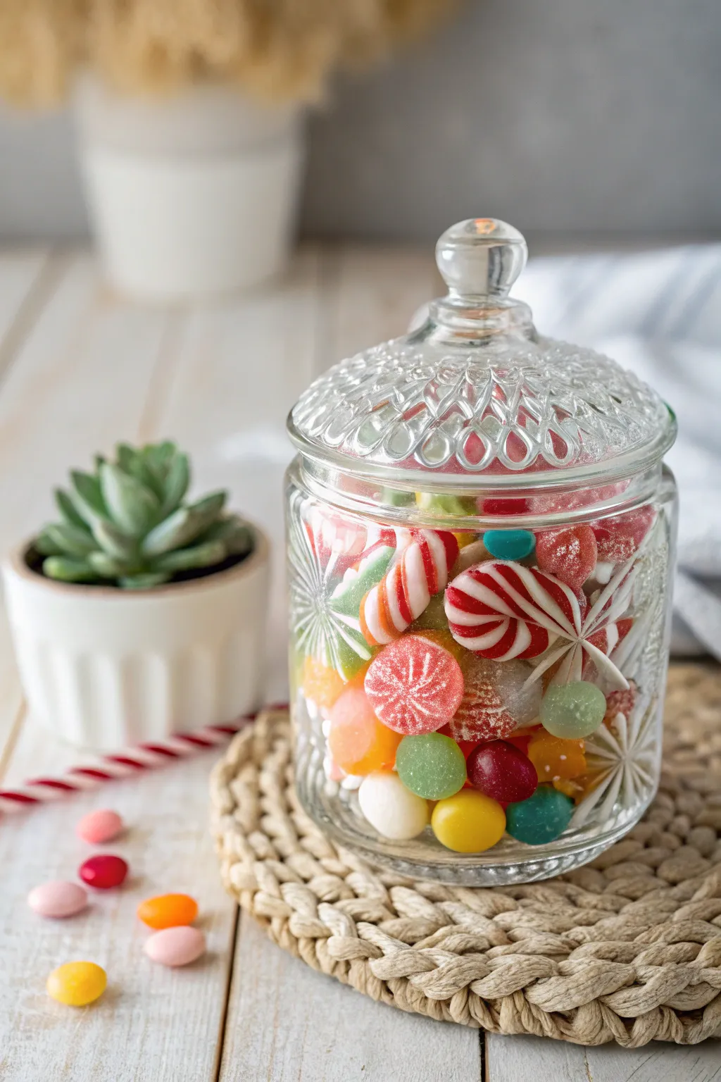Nostalgia in a Jar: A delightful blend of retro candies in a vintage-style glass jar, perfect for sweet memories and beautiful décor.