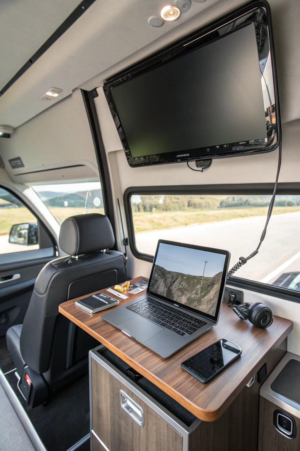Elevate your mobile office with a mounted monitor setup for the ultimate dual-screen experience.