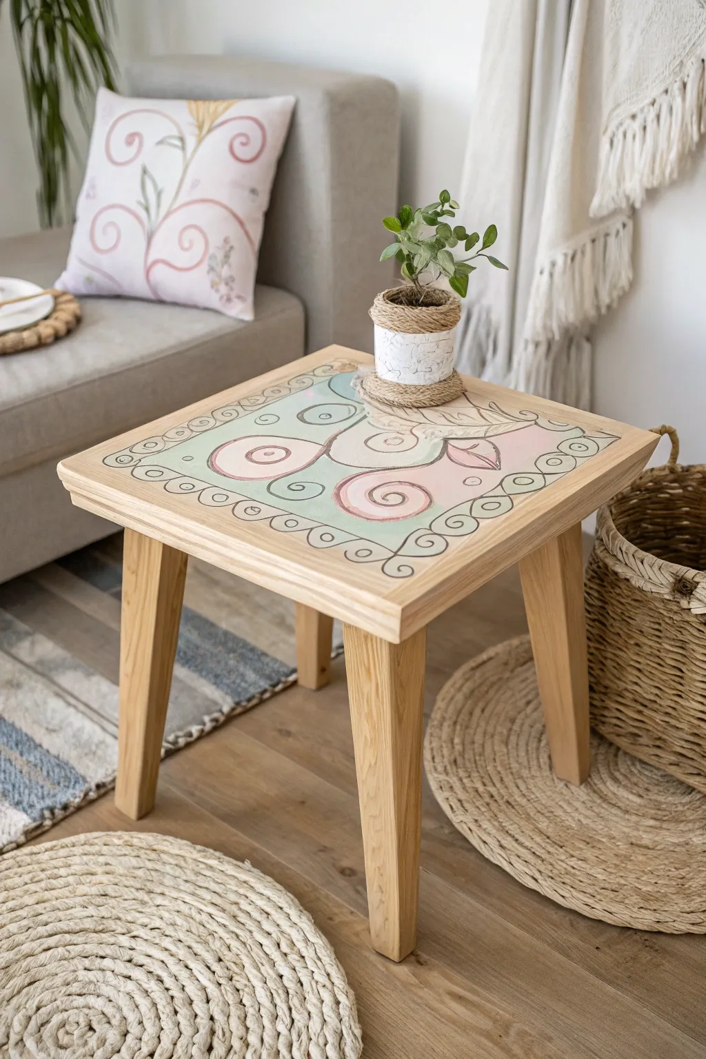 Add a playful twist to your space with whimsical swirls and curls on a minimalist end table. Perfect for a touch of movement and fun!