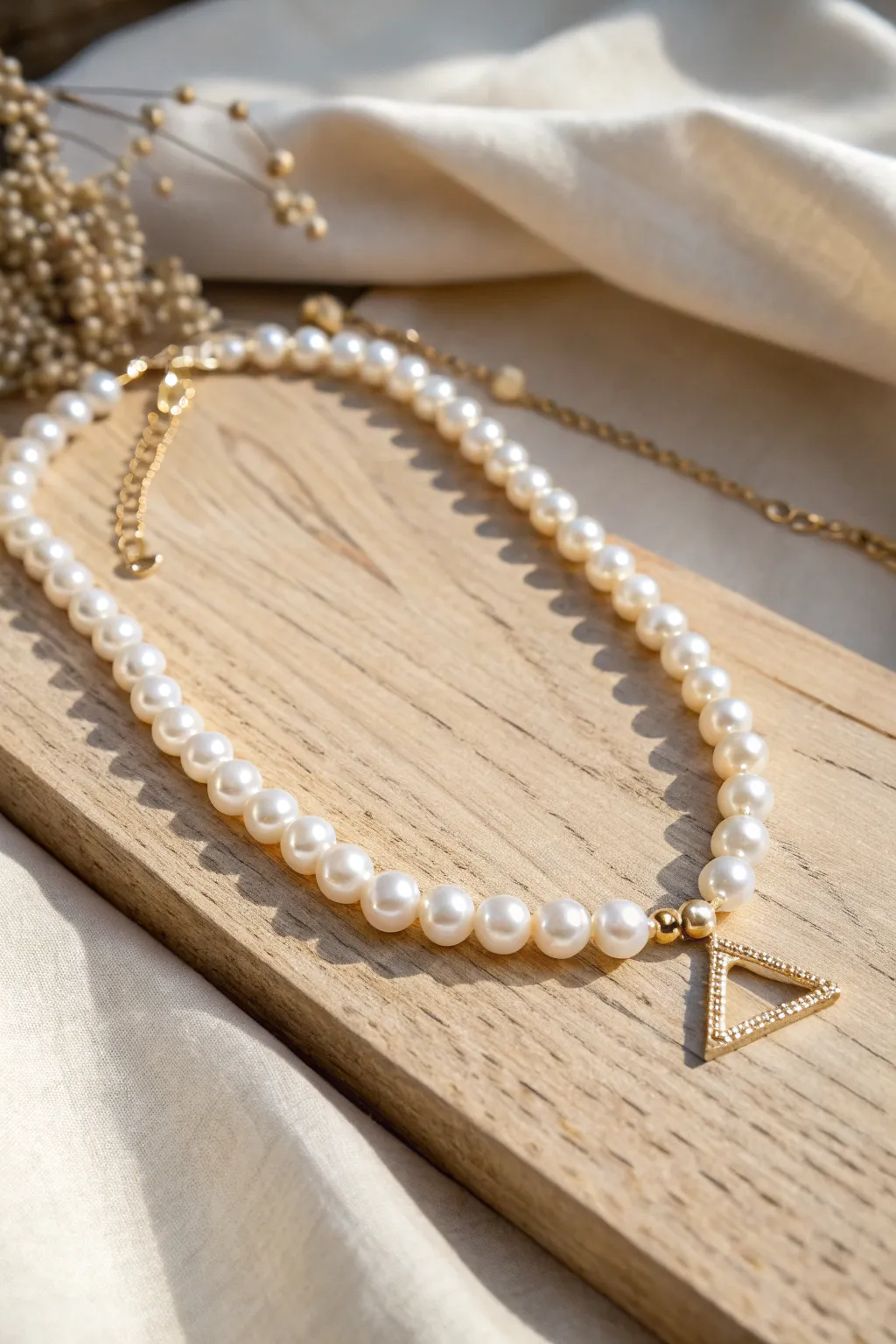 Embrace modern elegance with a handcrafted geometric pearl necklace, where simplicity meets artistic flair.