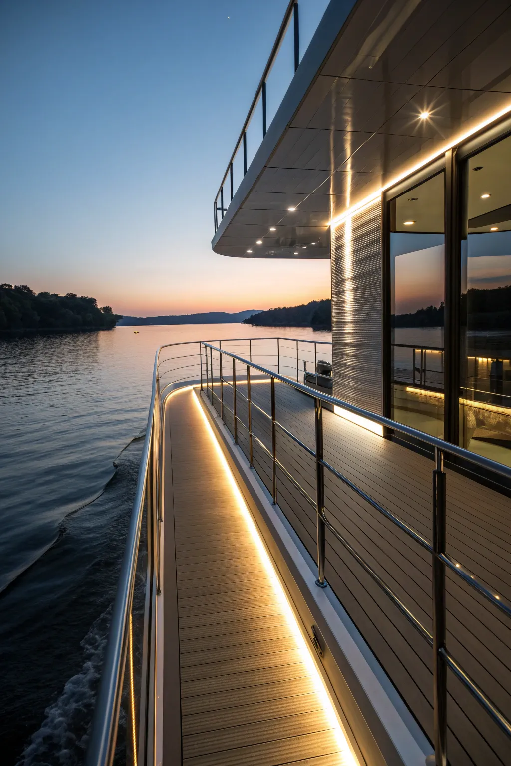 Illuminate your nights with stylish LED strip lighting on your pontoon houseboat, perfect for unforgettable evening gatherings.