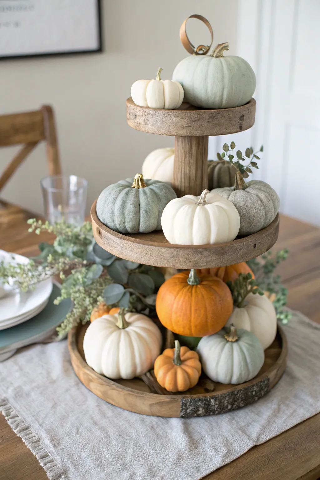 Elevate your autumn decor with a chic layered pumpkin centerpiece—embrace the art of simplicity and natural beauty.