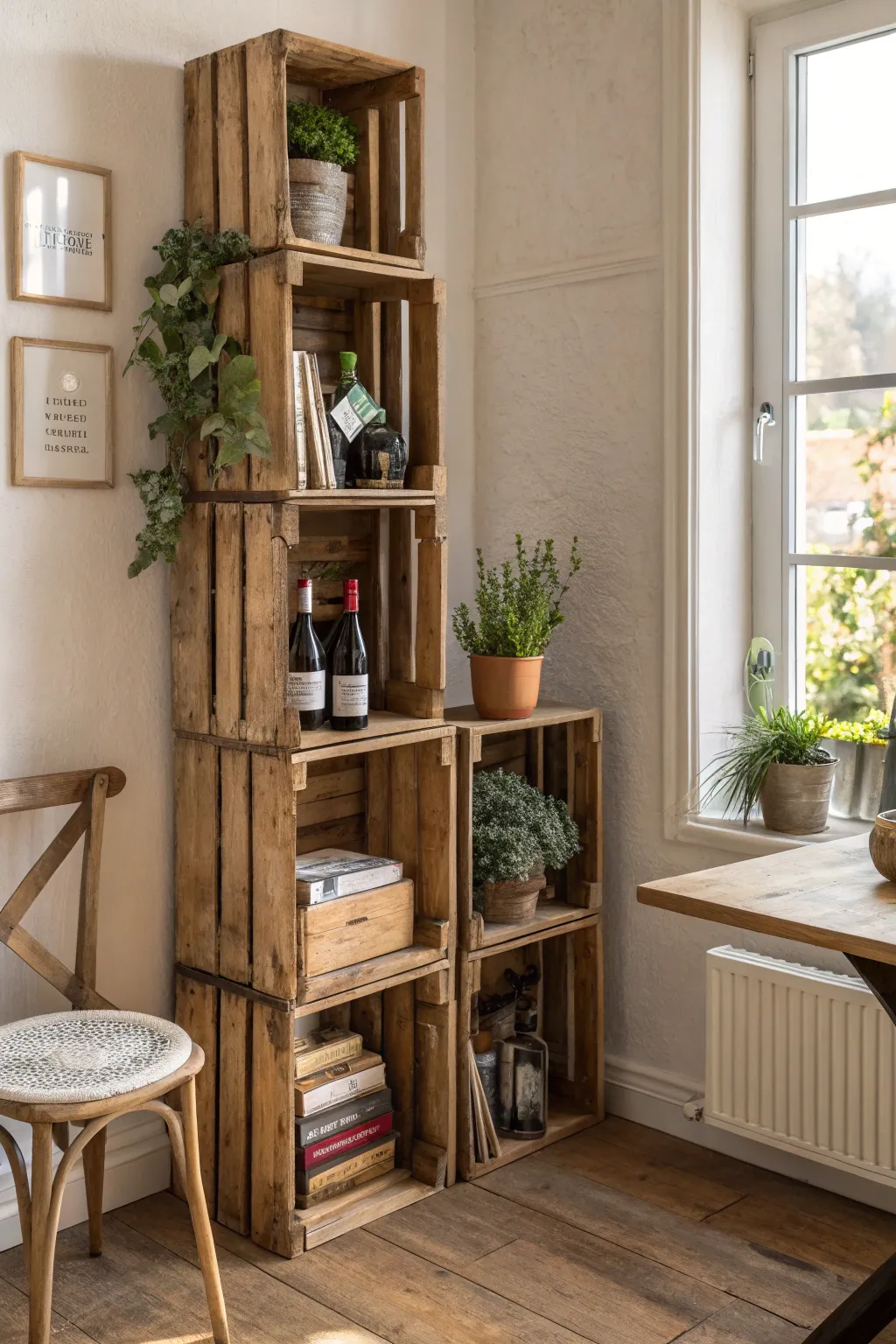 Transform wine crates into a charming rustic bookshelf that's both functional and stylish. 📚🍷 #DIYDecor #ScandiBoho
