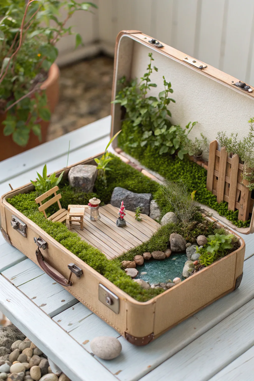 Transform an old suitcase into a whimsical fairy garden for endless imaginative play.