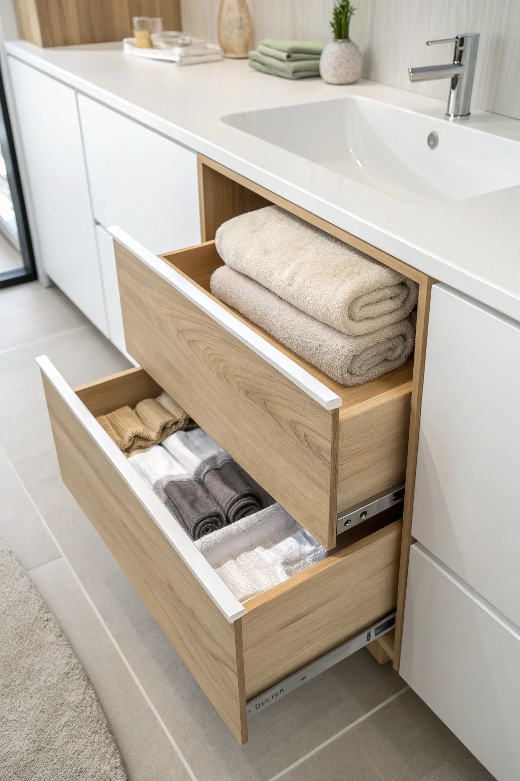 Discover the elegance of hidden storage with this minimalist towel drawer – the perfect blend of style and practicality for your small bathroom.