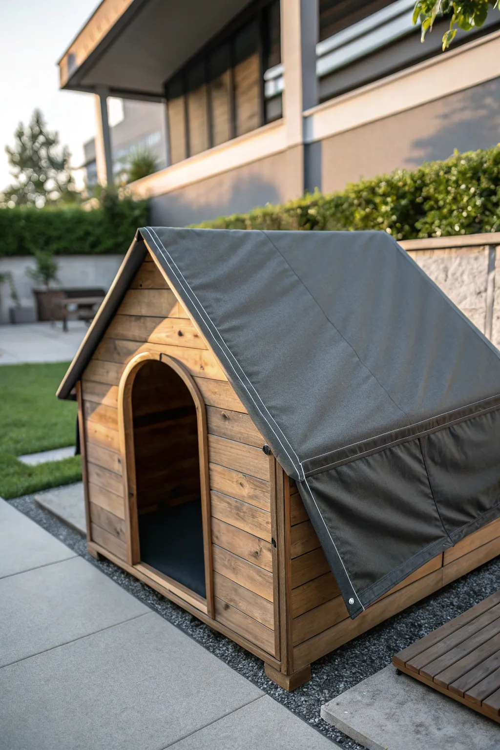 Upgrade your dog's digs with a stylish and practical fabric tarp roof. Perfect for the modern backyard!