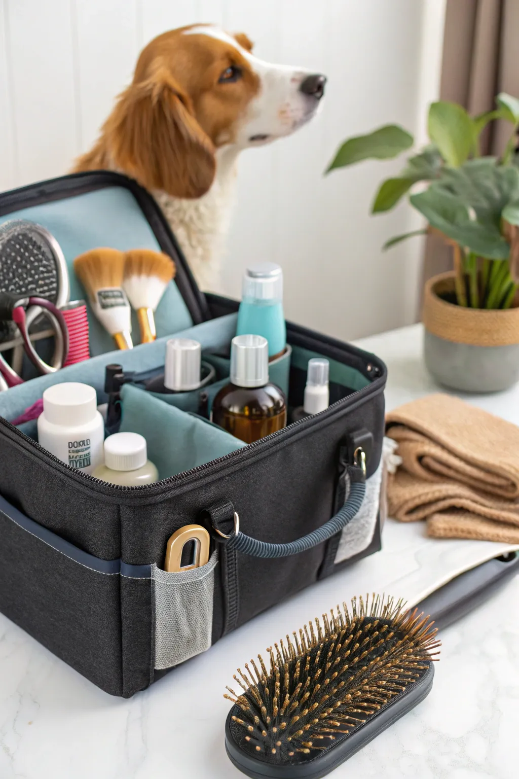 A handy portable grooming caddy, keeping all dog grooming essentials organized and ready to go.