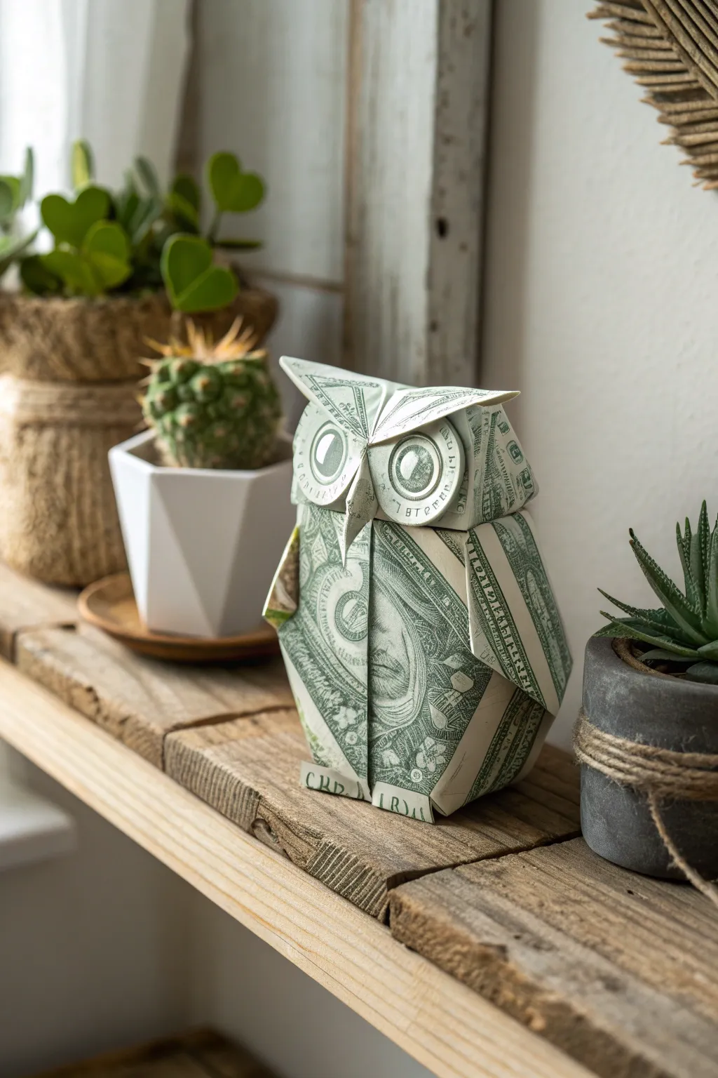 Embrace the art of simplicity with this stunning dollar bill origami owl, a wise addition to any minimalist decor.