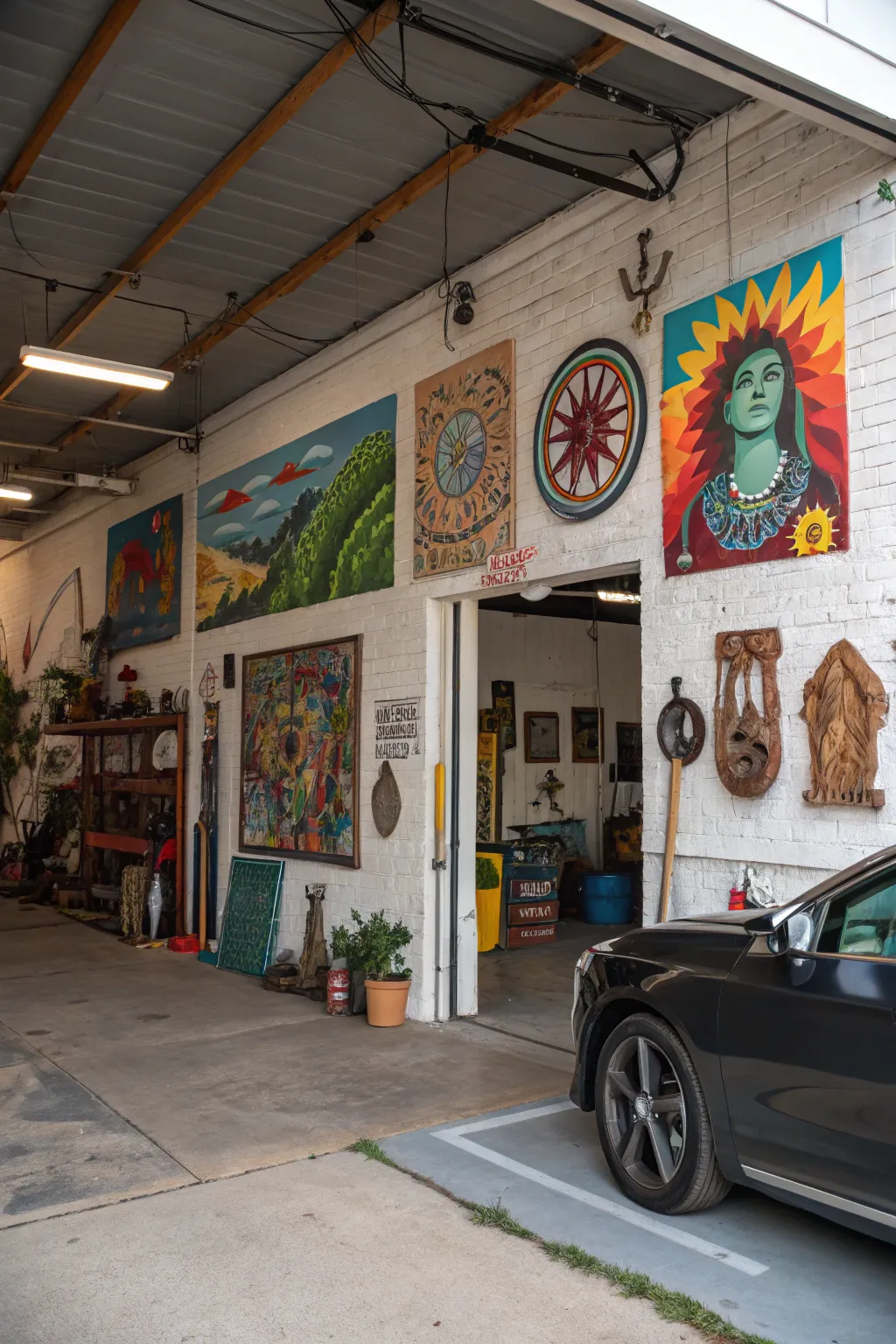 A garage adorned with artistic wall decor and installations.