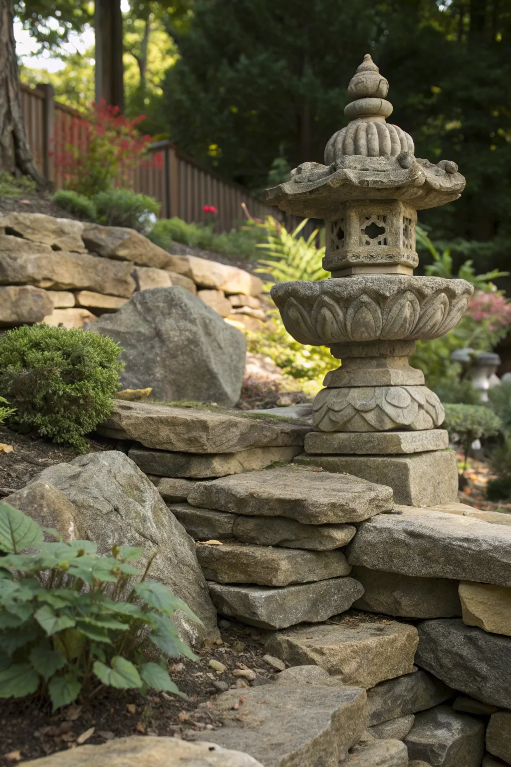 Elevate your garden with a sculptural masterpiece nestled within a natural rock retaining wall.