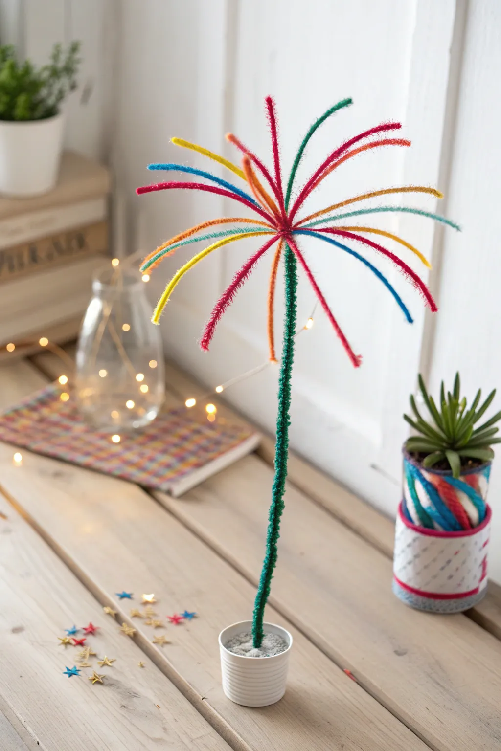 Crafting joy: Vibrant pipe cleaner fireworks light up your tabletop with playful elegance.