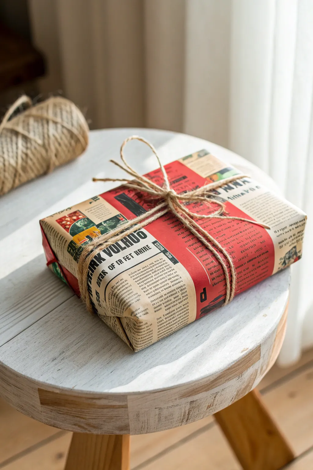 Elevate your gift-giving with artful newspaper wrap: a sustainable and stylish choice.
